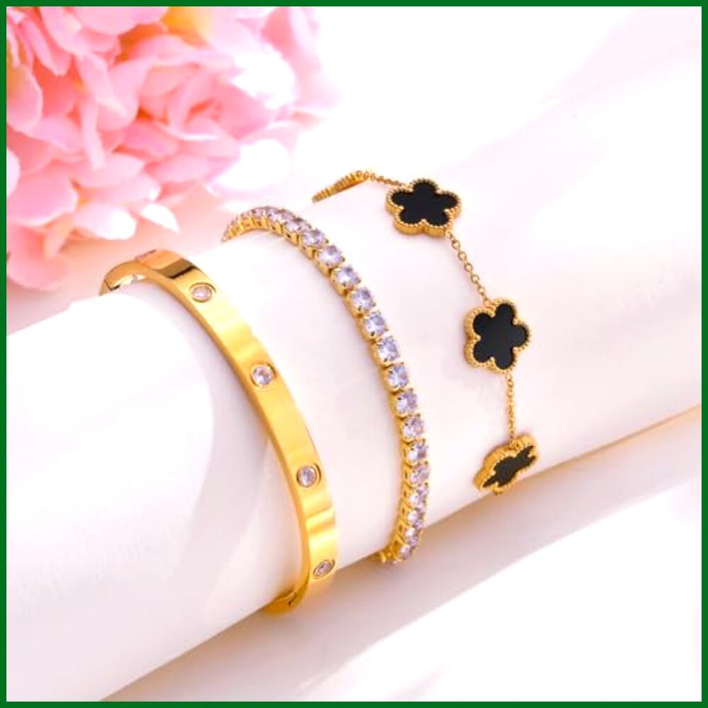Stackable Gold Plated Bracelets Set - 3pcs Stainl… - image 4